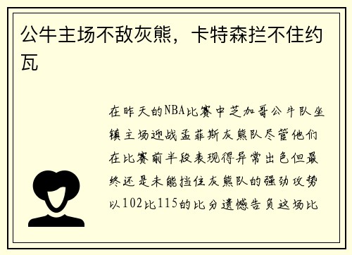 公牛主场不敌灰熊，卡特森拦不住约瓦