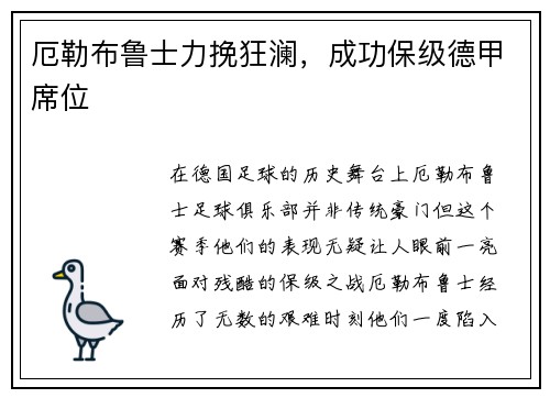 厄勒布鲁士力挽狂澜，成功保级德甲席位
