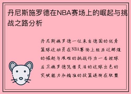 丹尼斯施罗德在NBA赛场上的崛起与挑战之路分析