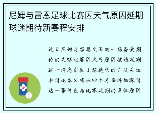 尼姆与雷恩足球比赛因天气原因延期球迷期待新赛程安排