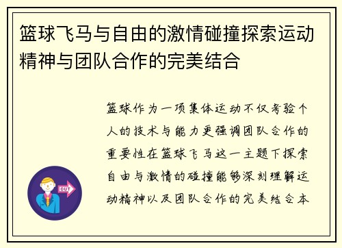 篮球飞马与自由的激情碰撞探索运动精神与团队合作的完美结合