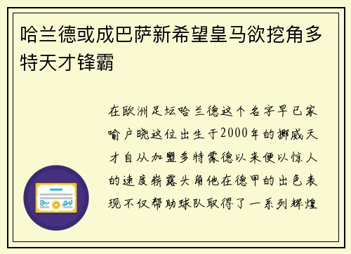 哈兰德或成巴萨新希望皇马欲挖角多特天才锋霸